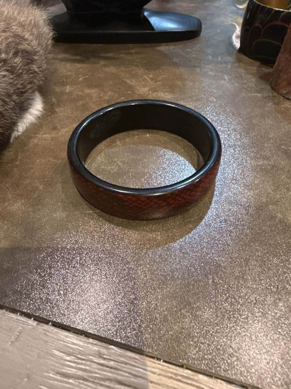 Vintage Snake Print Bangle Bracelet Red Black Plastic Lucite